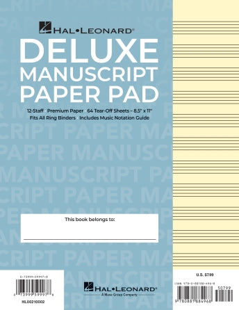 Hal Leonard Deluxe Manuscript Paper Pad 64 page - 12 stave