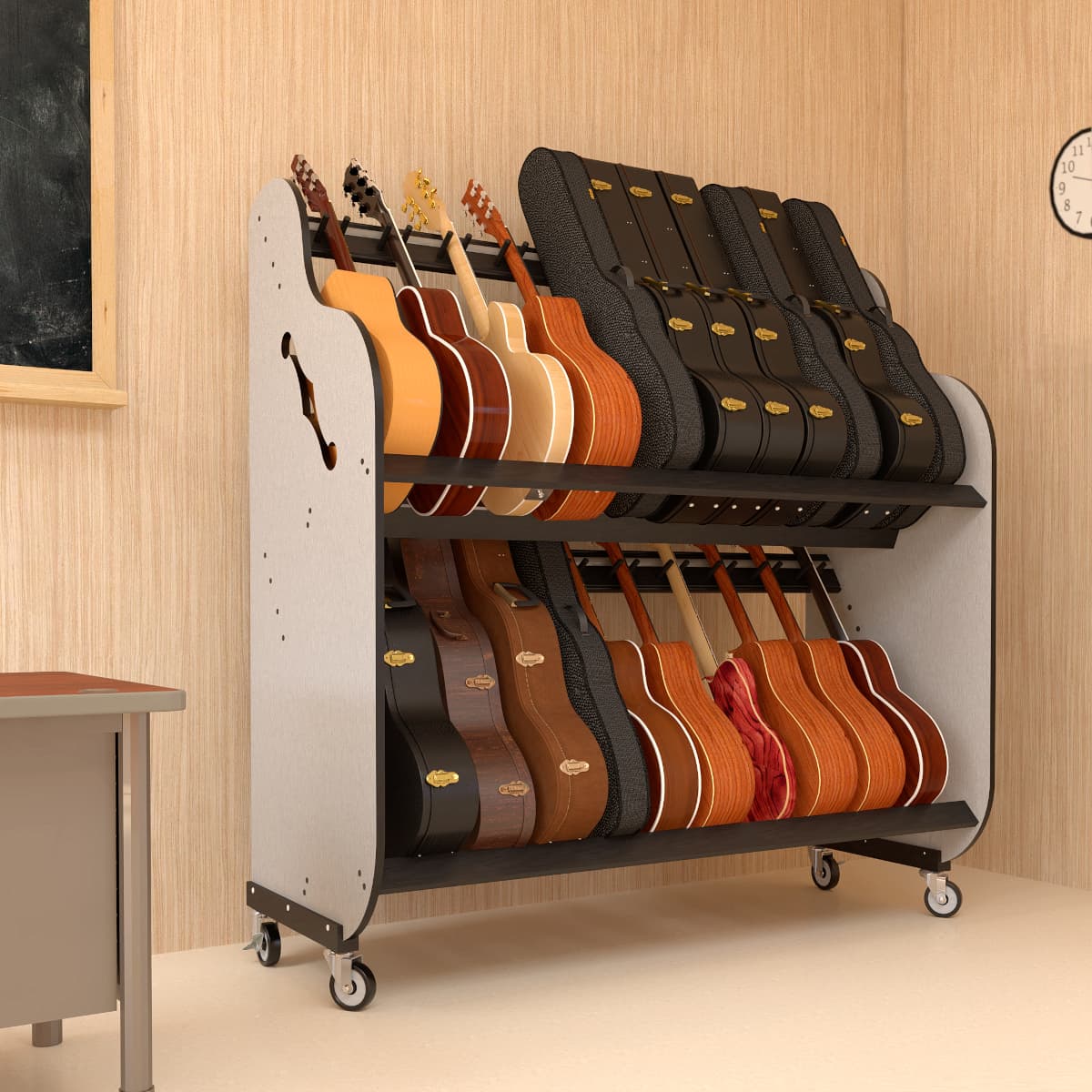 The Band Room Double-Stack™ Guitar Storage Shelf Rack for Classrooms
