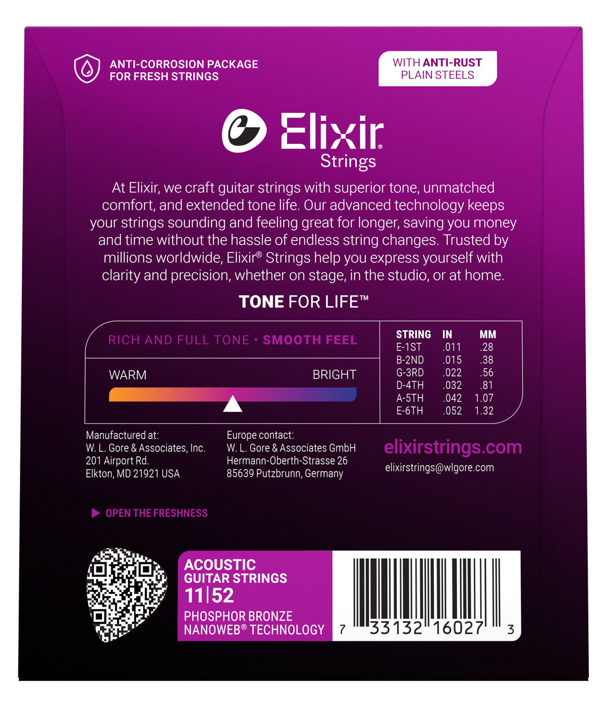 Elixir Phosphor Bronze Acoustic Guitar Strings with NANOWEB Technology - Custom Light 11-52