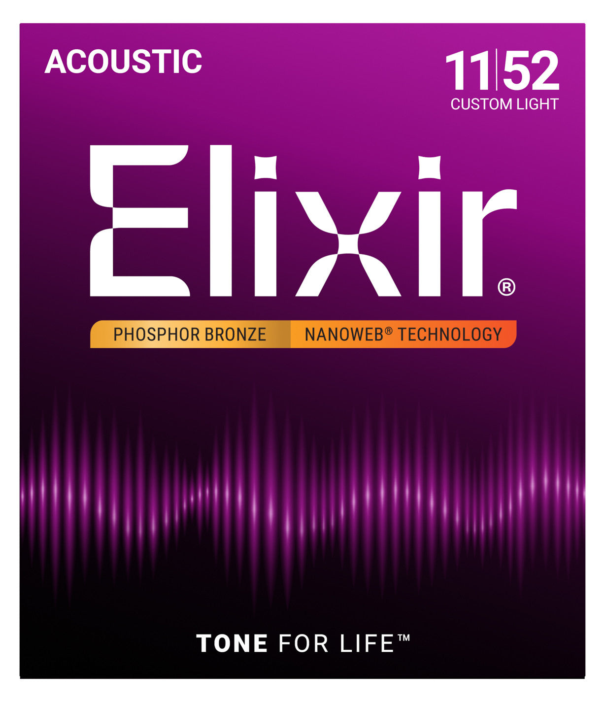 Elixir Phosphor Bronze Acoustic Guitar Strings with NANOWEB Technology - Custom Light 11-52